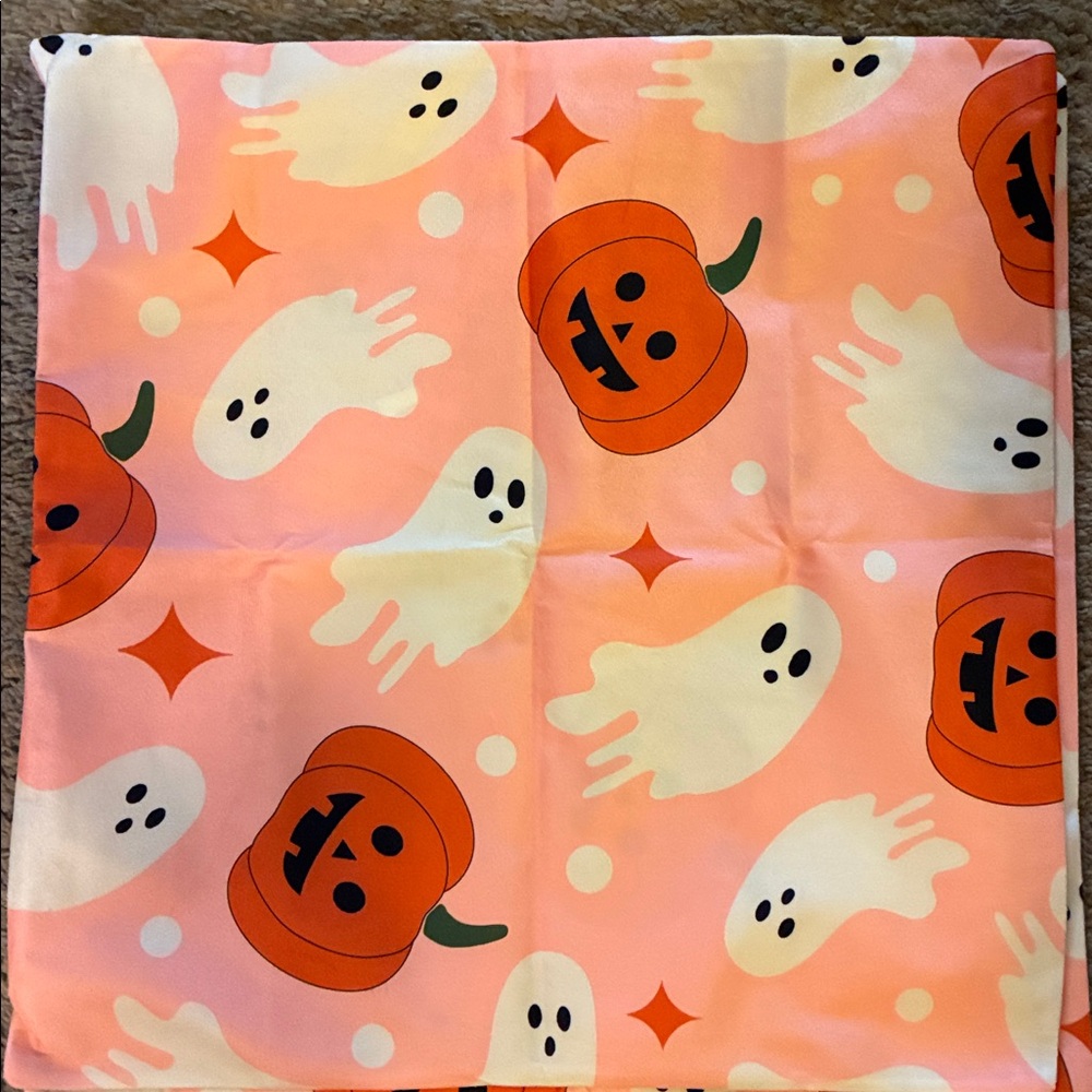 Pink Halloween Pillow Covers, set of two, Pumpkins & Ghosts, 18” x 18”
